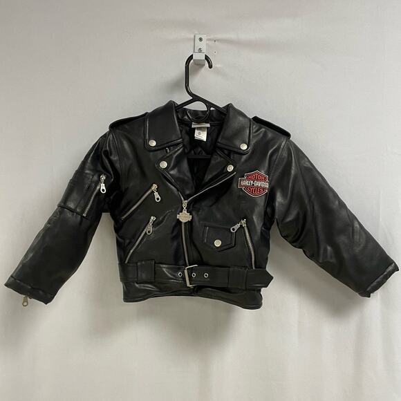 HARLEY DAVIDSON Child Motorcycle Leather Jacket Size 6 Black Zipper Pockets - Picture 1 of 12
